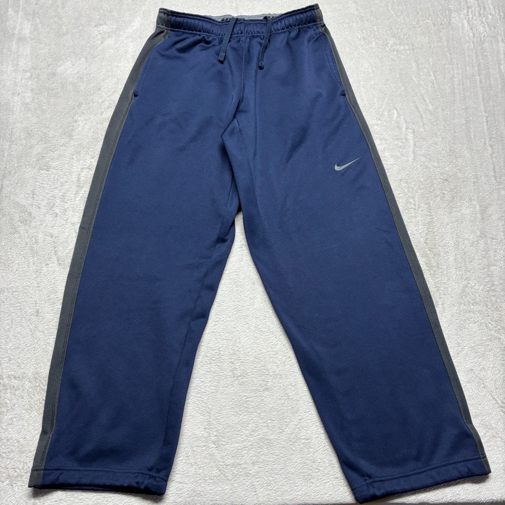 Nike Sweatpants Mens M Navy Blue Gray Stripe Polyester Baggy Wide Leg DriFit Y2K